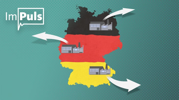 Eine vereinfachte Deutschlandkarte zeigt symbolisch, wie die Wirtschaft aus Deutschland flieht