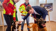 Ministerpräsident Hendrik Wüst (CDU) streichelt zwei Spürhunde