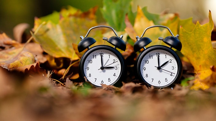 Zwei schwarze Uhr im Herbstlaub symbolisieren Zeitumstellung