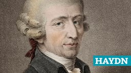 Bild von Komponist Joseph Haydn. Sein Nachname ist auf dem Bild in weißer Schrift zu sehen..