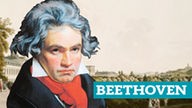 Gezeichnetes Porträt des Komponisten Ludwig van Beethoven vor seiner Geburststadt Bonn.