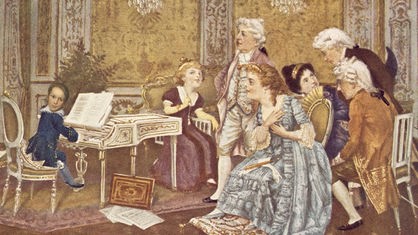 Collage: Beethoven als Kind am Klavier.