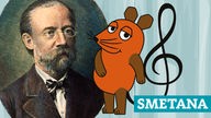 Historisches Bild von Bedrich Smetana und eine Animation der Maus auf hellblauem Hintergrund
