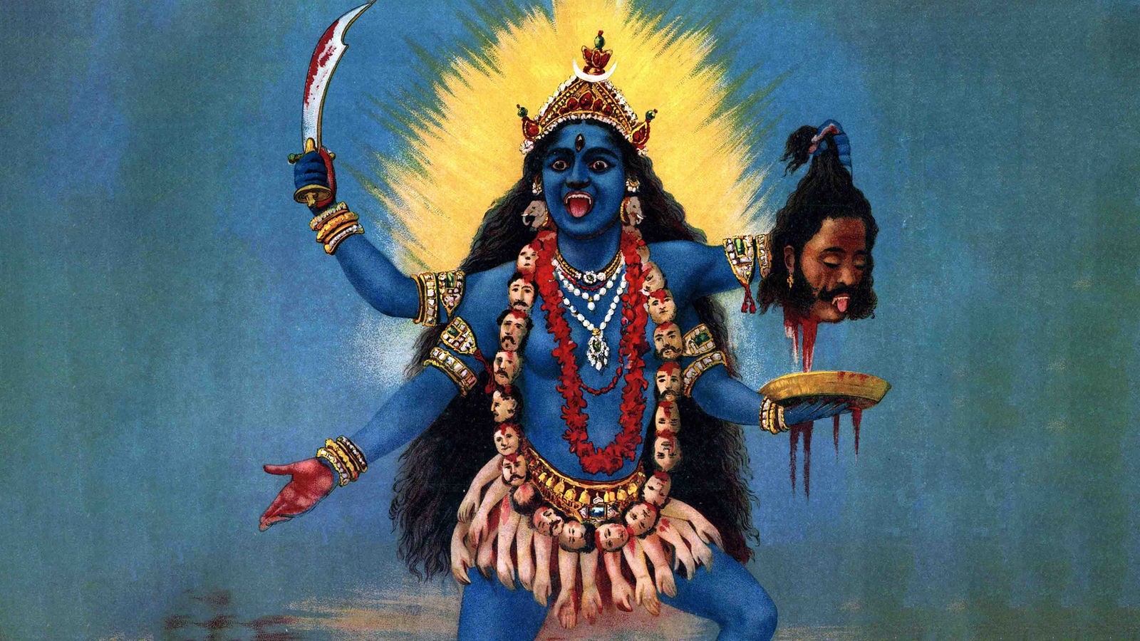 Gemälde "Kali Trampling Shiva" des indischen Künstlers Raja Ravi Varma (1910): Die hinduistische Göttin Kali hat blaue Haut und vier Arme, triumphierend hält sie in einem ein blutiges Schwert und in einem anderen den abgetrennten Kopf eines Mannes.
