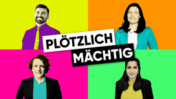 Die Grafik des Podcast "Plötzlich Mächtig" zeigt Erik von Malottki (SPD), Schahina Gambir (Grüne), Muhanad Al-Halak (FDP) und Anne Janssen (CDU) im Pop Art Stil von Andy Warhol. 