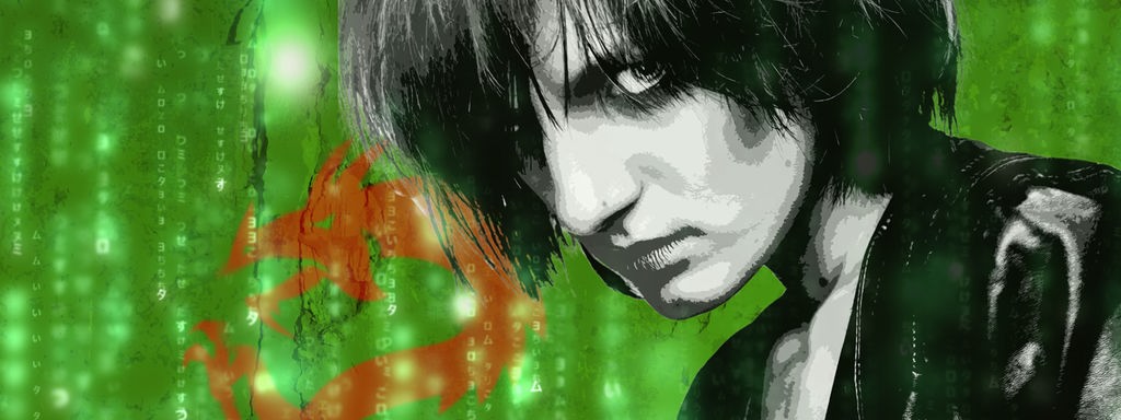 Illustration einer düster blickenden Frau, grüner Hintergrund.