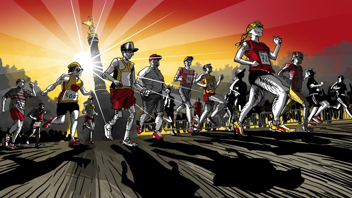 Illustration ARD Radio Tatort: Sonntag, eine Gruppe rennender Marathonläufer, im Hintergrund die Berliner Siegessäule.