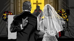 Illustration ARD Radio Tatort; Der Tod des schwarzen Witwers: Braut und Bräutigam stehen vor einem Priester in der Kirche, der Bräutigam kreuzt seine Finger hinter seinem Rücken.