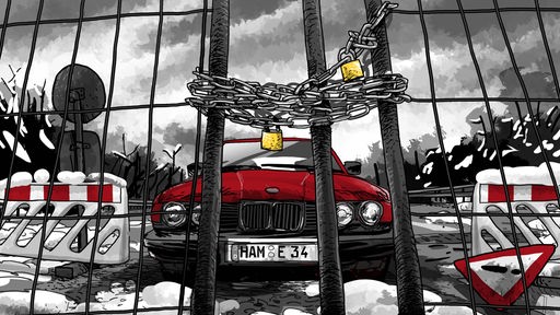 Illustration ARD Radio Tatort; "Gute Dinge haben viele Besitzer": Ein rotes Auto mit Hammer Kennzeichen steht vor einem zugeketteten Tor.