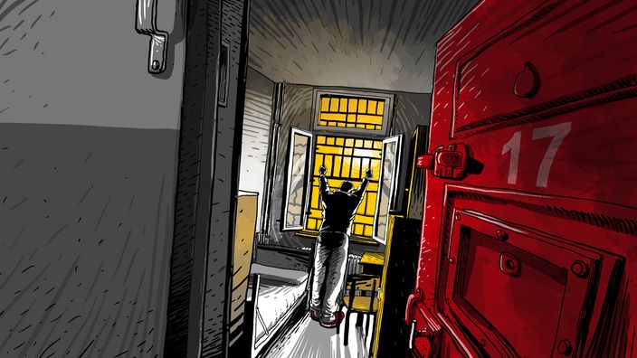 Illustration ARD Radio Tatort; Im Tunnel: Ein Mann in einer Untersuchungshaft-Zelle blickt durch die Gitterstäbe aus dem Fenster.