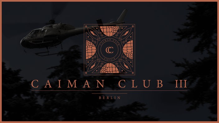 Logo des Caiman Clubs in orange vor schwarzem Hintergrund. Schriftzug: Caiman Club 3, Berlin.