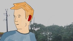 "Das Rotohr" - Videostill aus der Doku. Zeichnung eines jungen Mannes mit einem roten Ohr. 
