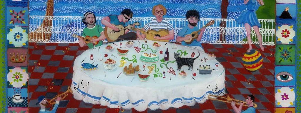 Cover des Albums "La Comitiva" von Erlend Øye & La Comitiva: Buntes Gemälde von vier Musikern an einem runden Tisch auf einer Terrasse mit Blick auf das Meer