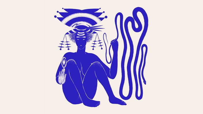 Cover des Albums "Love Heart Cheat Code" von Hiatus Kaiyote: Zeichnung einer blauen Figur; sitzend auf dem Boden mit angezogenen Beinen, hält eine Schlange in der Hand