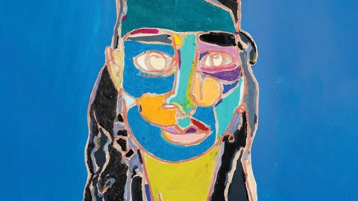 Cover des Albums "Sun without the Heat" von Leyla McCalla: Buntes Gemälde eines Kopfes mit langen Haaren auf blauem Hintergrund