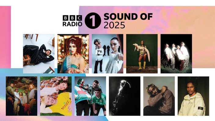 BBC Radio 1 Sound of 2025: Collage der Künstler und Künstlerinnen mit BBC-Radio-1-Logo