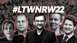 Die Politische Playlist zur #LTWNRW22 -  Collage der Politiker;innen Thomas Kutschaty, Martin Vincentz, Mona Neubaur, Joachim Stamp, ina Brandes, AfD, CDU, FDP, Die Grünen, SPD