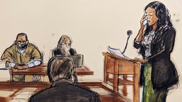 Gerichtsskizze: Kitti Jones (r) mit Taschentuch in der Hand während der Anhörung zu R. Kellys Strafmaß vor dem Bundesgericht. Links sitzt R. Kelly und seine Verteidigerin.