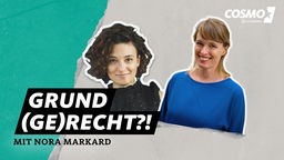 Auf grün-grauem Grund zeigt das Cover die Moderatorin und ihre Gästin Nora Markard