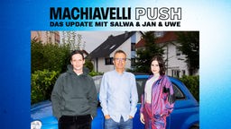 Machiavelli Push #10 - mit Uwe Baltner -  Jan Kawelke, Uwe Baltner und Salwa Houms vor blauem Auto