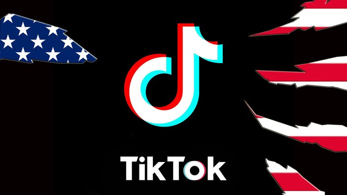 TikTok-Logo mit ausgerissenen Stücken der US-Flagge links und rechts