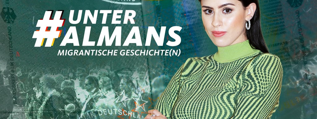 Logo des #Unter Almans Podcasts mit Moderatorin Salwa Houmsi