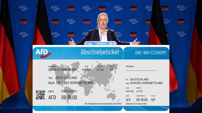 AfD Vorsitzende Alice Weidel und ein Flugblatt als Abschiebeticket im Wahlkampf