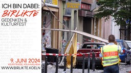 Eine Collage aus: Ein Polizist sichert die Spuren einer Explosion in der Keupstraße und ein Plakat von 2024 Birlikte Gedenk- und Kulturfest.