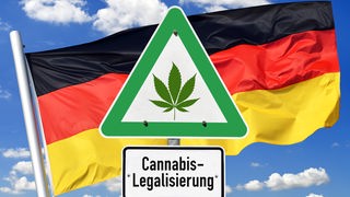 Schild mit Cannabis-Blatt und Aufschrift Cannabis-Legalisierung vor Deutschlandfahne, Fotomontage