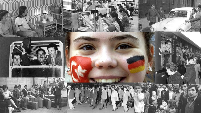 Collage: Mädchen mit türkischer und deutscher Flagge auf den Wangen und historische Fotos von türkischen Gastarbeitern aus den 60'er Jahren