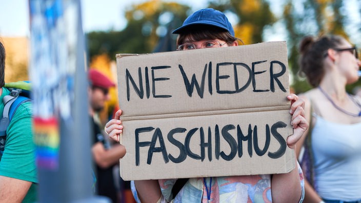 Demo gegen Neonazi - Schild "Nie wieder Faschismus"
