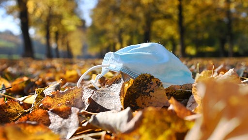 Eine Schutzmaske auf dem Boden zwischen Herbstblättern
