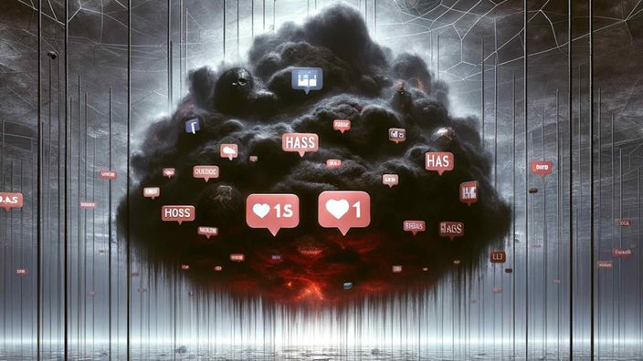 Iz crnog oblaka izlaze oznake like, srca i puno simbola govora mržnje
