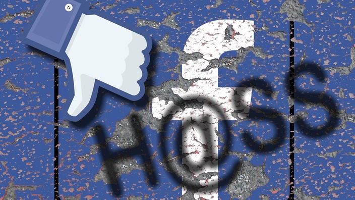 Ilustracija: Facebook-Ikona, natpis Hass (mržnja), palac okrenut na dole