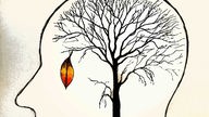 Jedini požuteli list na krošnji drveta se sprema da otpadne, krošnja je unutar ljudske glave