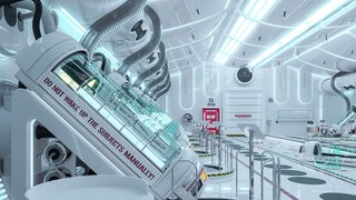 3D-Illustration im Science-Fiction Stil: Ein weißer Raum mit mehreren Schlaf-Kapseln.