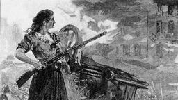 Holzstich "Die Kommunistin" von 1898, zu sehen ist eine Frau der Pariser Kommune mit Gewehr.