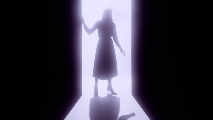 In einem Tührrahmen ist das Schema einer Frau zu erkennen, ihr Schatten fällt auf den Boden.