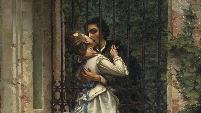 Gemälde "Der Kuss" von Silvio Allason (1910): Ein Liebespaar küsst sich durch einen Zaun hindurch.