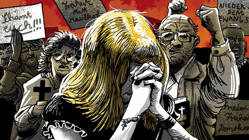 Illustration ARD Radio Tatort; "Auserwählt": Wütende Demonstrierende mit christlichen Symbolen, im Fokus eine blonde Frau die ihren Kopf an ihre gefalteten Hände legt.