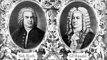Porträts der beiden Komponisten Johann Sebastian Bach und Georg Friedrich Händel nebeneinander.