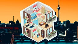 Illustration: Nachbarn in einem Mietshaus, im Hintergrund die Stadt Berlin.