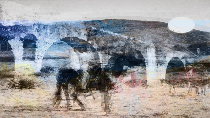 Mexikanische Landschaft, ein Mann sitzt auf einem Pferd; das Bild ist mehrfach gespiegelt und die Farben sind verzerrt.