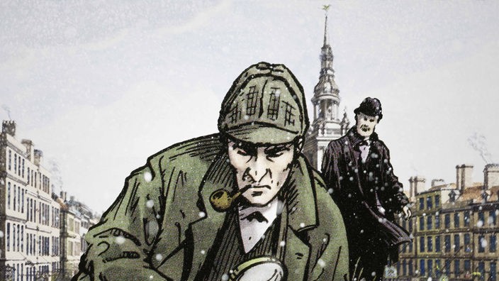 Sherlock Holmes und Dr. Watson folgen Spuren in London.