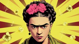 Zeichnung: Frida Kahlo schaut bestimmt, der Hintergrund ist gelb.