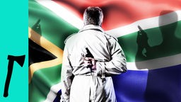 Eine Person mit einer Pistole steht vor einer südafrikanischen Flagge.