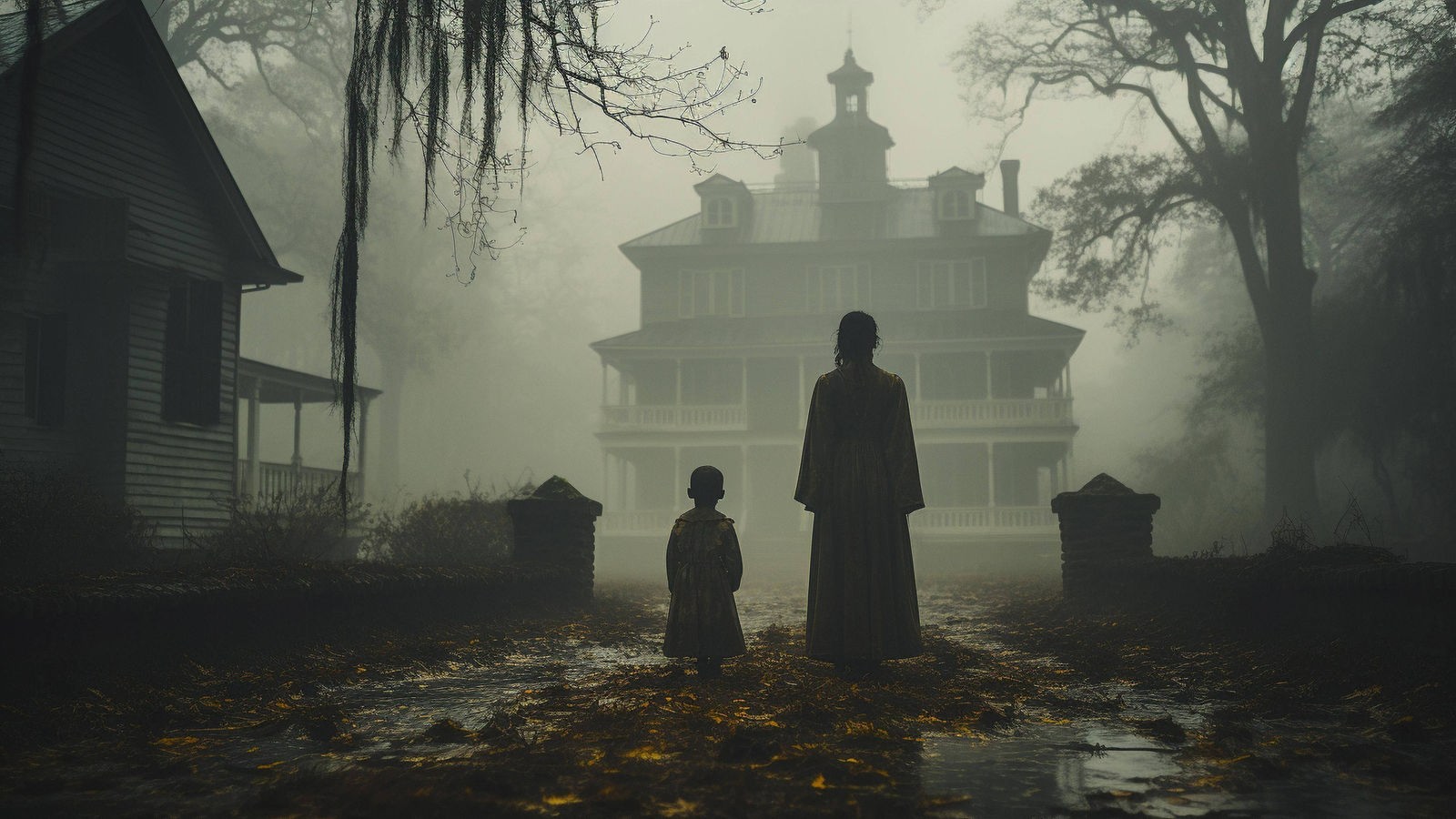 Unheinmliche Frau und Kind stehen vor einer alten Villa.