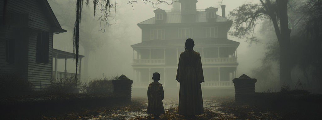 Unheinmliche Frau und Kind stehen vor einer alten Villa.