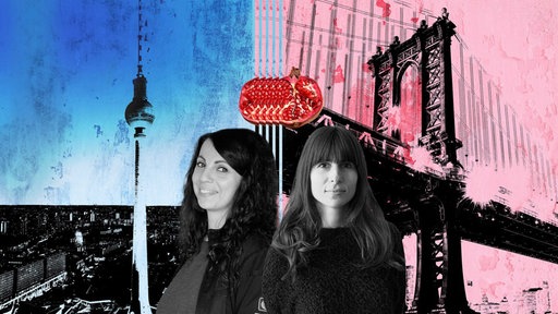 Autorinnen Stefanie Heim und Vivien Schütz vor einer Illustration von Berlin und New York.