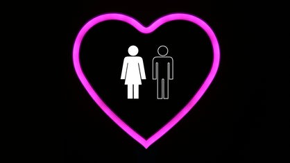 In einem neon-pinken Herz sind Symbole für eine Frau und einen Mann zu sehen.